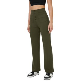 keriffe Women's Straight Leg Pants High Waisted Button Stretchy Business Work Casual Trousers Multiple Pockets Army Green