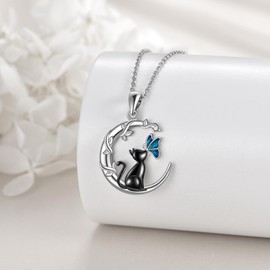 VONALA Cat Necklace for Women 925 Sterling Silver Black Cat Necklace Blue Butterfly Cat Jewellery Gifts Birthday Gifts for Women Cat Lovers Woman, Medium, Sterling Silver, Cubic Zirconia