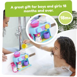 TOMY Toomies Bath Barista - Pretend Cafe Baby Bath Toys - Wall Mounted Bubble Bath Play Kitchen Toddler Toys - Kids Kitchen Set Includes 3 Cups, 1 Jug, 1 Shaker - +18 Months Boys Toys & Girls Toys