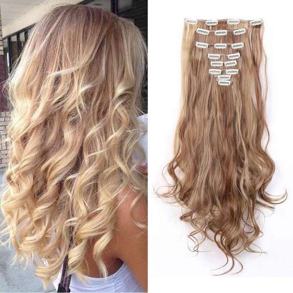 Clip-In Hair Extensions Like Real Hair Synthetic Hair Pieces 8 Wefts 18 Clips for Complete Full Head Hair Extensions 60 cm Wavy Light Brown and Ash Blonde