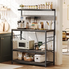 SUPERJARE Bakers Rack with Power Outlets, Microwave Stand, 39.4 X 14.3 Inch Larger Desktop, Kitchen Storage Rack with Adjustable Middle Shelf, 6 S-Shaped Hooks, Coffee Bar Stand, Grey