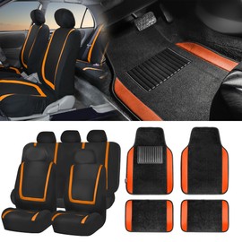 FH Group Unique Flat Cloth Seat Covers with Premium Carpet Floor Mats- Fit Most Car, Truck, SUV, or Van (Orange/Black) FB032115- F14407