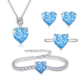 Loutade Silver Jewellery Set for Women, 925 Sterling Silver 4 PCS Fashion Heart Necklace Earrings Ring Bracelet Set, Heart-shaped Jewellery for Women Set with Blue Cubic Zirconia for Girls