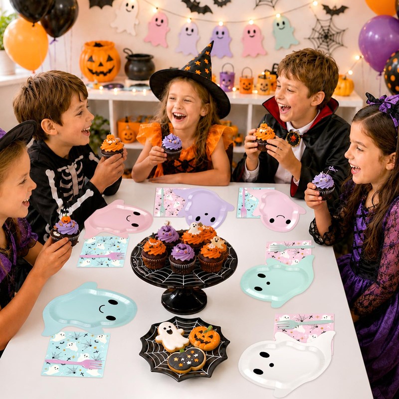 Halloween Plates and Napkins, Pastel Ghost Party Tableware Set, Serves