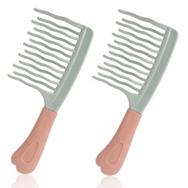 2pcs Wide Tooth Toothed Curly Curling Hair Comb, Detangle Detangling Curls Hair Brush with Double Row Wavy Tooth Design for Long/Thick Dry/Soggy Hairs for Women/Girl (Green)