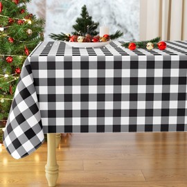 misaya Rectangle Waterproof Vinyl Table Cloth, Buffalo Flannel Backed Tablecloth, Wipeable Plastic Table Cover for Dinner, Kitchen, Outdoor (60" x 84", Black and White)