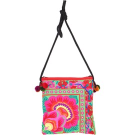GURU SHOP Chiang Mai Hippie Shoulder Bag, Embroidered Bag, Green, Unisex, Adult, 22 x 20 x 5 cm, green/pink, Unit size