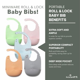 Miniware Roll & Lock Waterproof Silicone Baby Bib Easy Mealtime Cleanup - Adjustable Neck Strap and Food Catcher Pocket - Food-Grade Material Reduces Mess, Travel-Friendly Design (Aqua)