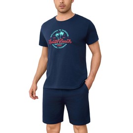 Bresdk Men's Short Cotton Summer Short Sleeve Shorty Pyjamas Crew Neck Loungewear Set with Letter Print Top and Shorts 2-Piece Set, darkblue, 3XL