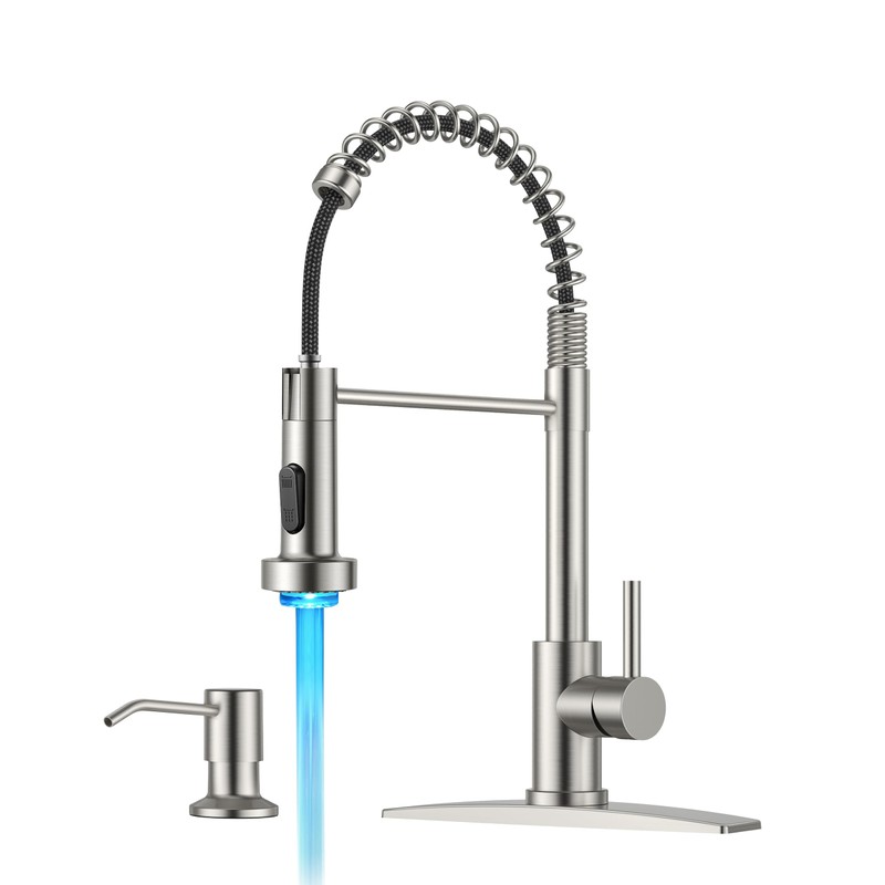 FORIOUS LED Kitchen Faucet with Soap Dispenser, Brushed Nickel Stainless