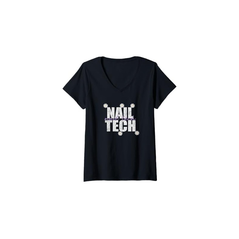 Womens Vintage Nail Tech Flower Nail Tech V-Neck T-Shirt