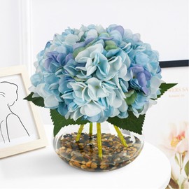 N&T NIETING Hydrangea Artificial Flowers with Vase Blue Silk Fake Flowers Faux Hydrangea Flowers with Faux Water Riverstones for Home Office Table Room Wedding Centerpiece Decorations