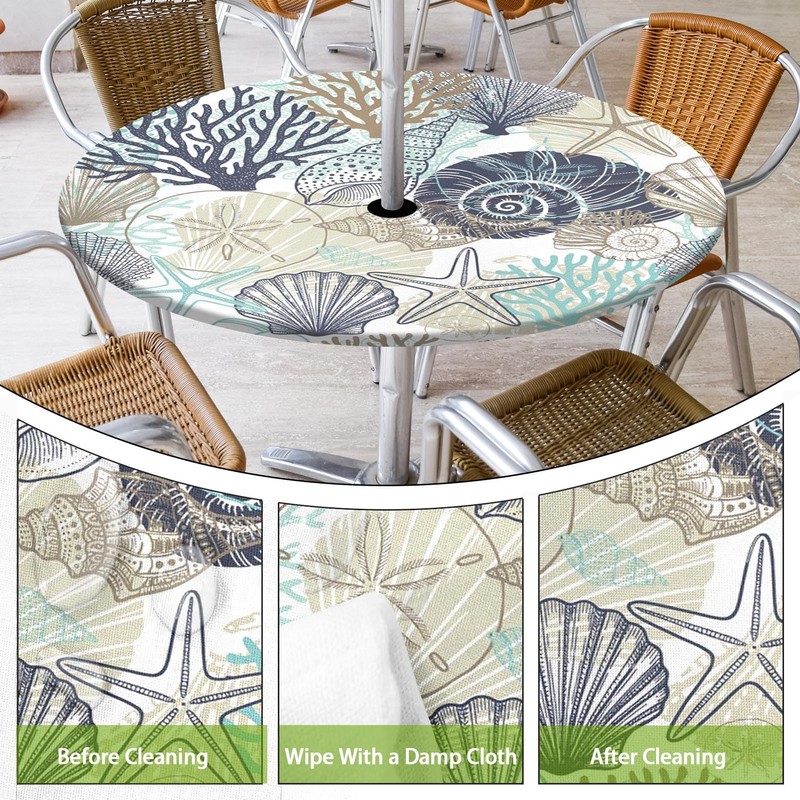 Britown Coastal Beach Round Outdoor Tablecloth with Umbrella Hole, Plaid