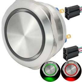 ZJWZJH 40mm Momentary Large Push Button Switch Big Head Start Switch 2 Color Double Light Red and Green LED 12V Waterproof 2NO 2NC DPDT for 1.57" Mounting Hole with Wire (Volts, 12)