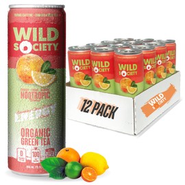 Wild Society Natural Energy Drink + Nootropics (12 pack) - 100 mg Organic Caffeine from Green Tea - Zero Sugar & Zero Calories - Monk Fruit Sweetened - Clean Ingredients - Fuel Mind & Body - Citrus Punch