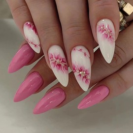 ANDGING Pink White Press on Nails Almond Short Medium Fake Nails with Flower Rhinestone Designs Acrylic Glue on Nails for Women Gel Pressons Nails Manicure Stick on Nails for Wedding False Nails