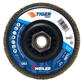 Weiler 50007 Tiger 5/8"-11 Arbor, 4-1/2" Diameter, 60 Grit, Zirconium, Trimmable Composite Backing, Angled Abrasive Flap Disc, Made in the USA