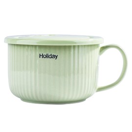 BOSILI Green Ceramic Ramen Bowl with Handle and Lid, 820ml/28oz Capacity, Microwave & Dishwasher Safe (ls)