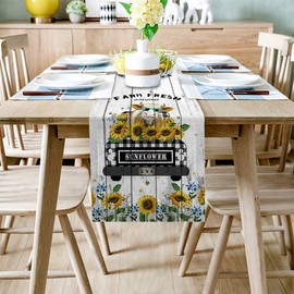 Cotton Linen Table Runner, Kitchen Table Runners for Family Dinner, Banquet, Parties and Celebrations, Farm Theme Buffalo Check Plaid Truck with Cow Sunflower Rustic Wooden Table Decor, 13 x 70 inch