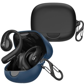 [2 Pack] easyBee Case Compatible with Soundcore AeroFit Pro Open-Ear Bluetooth Headphone Charging Cover with 2 Keychain, Soft Liquid Silicone Ultra Thin Shockproof Protective Kit - Black and Blue