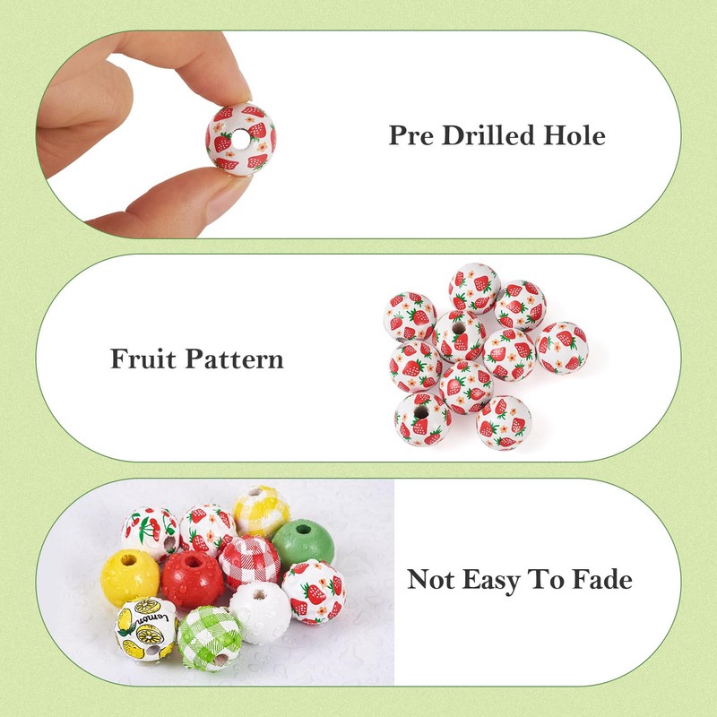 Boutigem 140Pcs 16mm Fruit Theme Round Wood Beads Bulk Plaid
