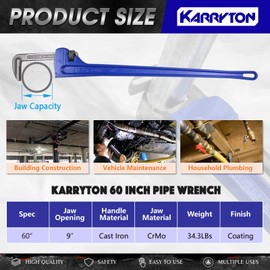 KARRYTON 60 Inch Pipe Wrench, Cr-Mo Jaw Opening 9"/228mm Adjustable Heavy Duty Cast Iron Straight Handle Plumbing Wrench, Perfect Plumbers Tool for Oil Field, Plumbing, Construction and Mechanics