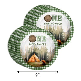 One Happy Camper Camping Boys 1st Birthday Party Supplies - 64 Piece Boys First Birthday Tableware Set Includes Large 9" Dinner Plates and 7" Dessert Paper Plates Napkins Cups - Kit for 16