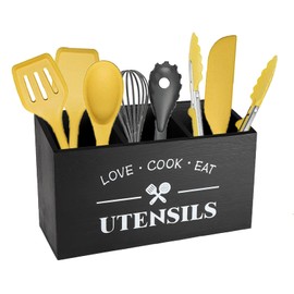 Gzsekken Utensil Holder for Kitchen Counter, Large 3 Compartments Wood Kitchen Utensils Organiser, Black Cutlery Holder with Drainer, Kitchen Utensil Storage & Organisation