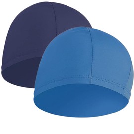 2 Pcs Swimming Caps for Kids Girls Boys and Adult Teenager, Comfortable Light Swimming Caps, Super Stretch No Pull Hair Swim Hats for Long and Short Hair for Kids 6-14 Years (Dark Blue&Light Blue)