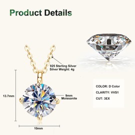 PROSTORY 3CT Moissanite Solitaire Pendant Necklace for Women (Gold)