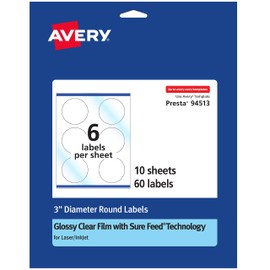 Avery Glossy Clear Round Labels with Sure Feed, 3" Diameter, 60 Glossy Clear Labels (36540)