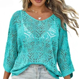 Women's Crochet Hollow Out Shirts 3/4 Sleeve Pullover Sweater Bohemian-Inspired Beige Crochet Top Round Neck Springtok CasualSize: L, Color: Rose red