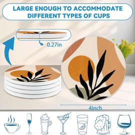 Drinks Coasters Set of 4, Boho Sun Leaves Round 4" Cup Coasters, Absorbent Ceramic Stone Coasters with Cork Base, Cute Coasters for Table Home Décor, Ideal Gifts for Women Men