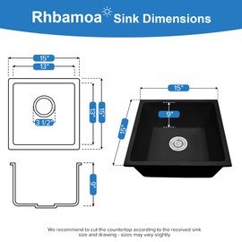 Rhbamoa Black Bar Sink Granite Composite,Black Kitchen Sink Undermount,15 inch Bar Prep RV Sinks, 15''x15'' Small Single Bowl Quartz Kitchen Sinks with Accessories