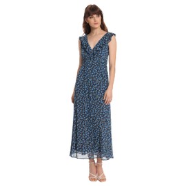 Donna Morgan Women's Floral Printed Ruffle V-Neck Midi Dress, Navy/Blue, 2