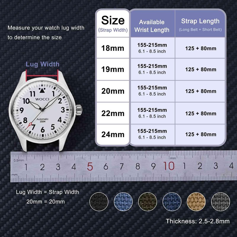 WOCCI 20mm Watch Strap, Sailcloth Canvas Fabric, Quick Release, Replacement