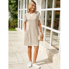 Glamaker Women Summer Tshirt Shift Dress Casual Striped Short Sleeve Crew Neck Knee Length Comfy Dress with Pockets (Khaki Stripe S)