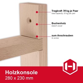 Gedotec Wooden Console Made of Beech, Shelf Holder Suitable for Bookshelves, 280 x 230 mm, BORK, Shelf Bracket Made of Solid Natural Wood, Load Capacity up to 19 kg, Pack of 2 Heavy Duty Brackets for