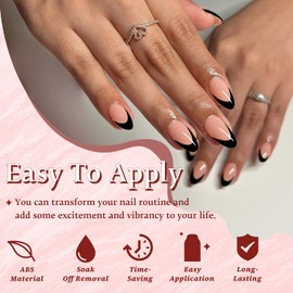 Black French Tip Press on Nails Medium Almond Fake Nails, Glossy Medium Press on Nails Full Cover Acrylic French Tip Nails Almond Nail Tips, Nude Soft Gel nails 150pcs Stick on Nails