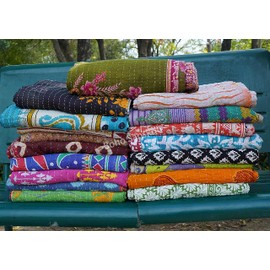 Boho Sanskriti Indian Quilt Vintage Bedspreads,Throws,Ralli, Lot Kantha Quilt Reversible Throw Bedding Bedcover Kantha Bedspread Throw Cotton Blanket Gudari -Single Pieces, Twin
