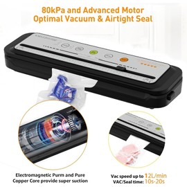 MEGAWISE Vacuum Sealer Machine, 2025 Model with 80kPa Suction Power, One-Touch Operation, Built-in Cutter, Compact Design, Vacuum Bags Included (Grey)