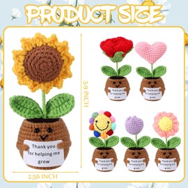 Threehoney 6 Pcs Teacher Appreciation Gifts Bulk Crochet Flower with Card Thank You for Helping Me Grow Crochet Teacher Thank You Gifts for Back to School Birthday Home Office(Various Flowers)