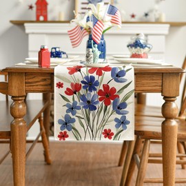Artoid Mode Watercolor Flowers Poppy Eucalyptus Table Runner, 4th of July Patriotic Memorial Day Independence Day Holiday Kitchen Dining Table Runners for Home Party Decor 13 x 90 Inch