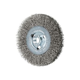 PFERD Crimped Wheel Brush, Stainless Steel Wire, 4-1/2" Diameter, 5/8-11 Thread, 0.014 Wire Size, 15/16" Trim Length, 1/2" Face Width, 12500 max RPM - Part 80354