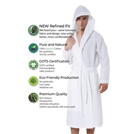SEYANTE Men's Organic Cotton Waffle Robe with Hood – GOTS Certified Lightweight Full-Length Spa Bathrobe with Piping – Blue Grey, Size Large