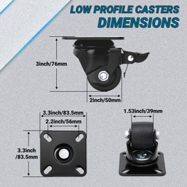 Humagineer 2-Inch Casters Set of 4 Heavy Duty, Load 2200 LBS Low Gravity Plate Swivel Caster Wheels with Brake, Durable Sturdy Extra Width Nylon Wheels for Industrial, Equipment