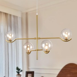 CATINER 4 Lights Gold Sputnik Chandelier, Modern Large L31 '' Mid Century Long Ceiling Pendant Light Fixtures with Clear Glass Globe Shades for High Ceiling Living Room Foyer Dining Room Bedroom