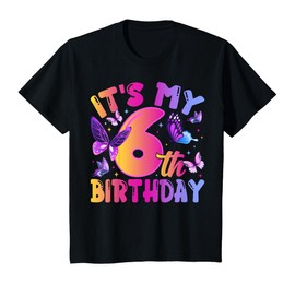 6th Birthday Tee Girl Six Year Old Butterfly Birthday T-Shirt