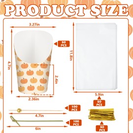 50Pcs Fall Thanksgiving Charcuterie Paper Cups with Sticks Bags Twist Ties 14oz Pumpkin Disposable Appetizer Cups French Fry Holder for Autumn Harvest Thanksgiving Party Supplies