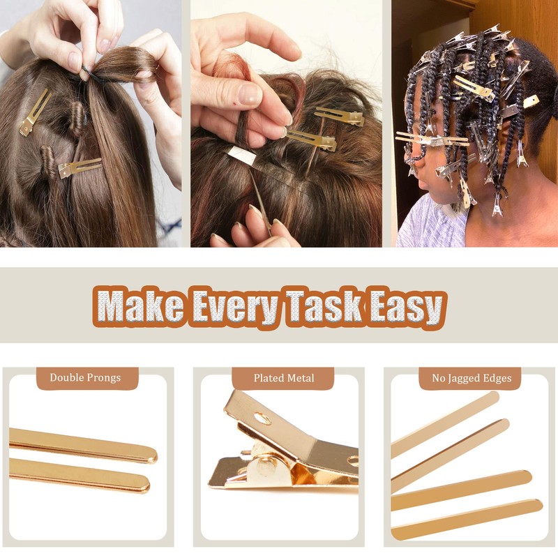 Qearl 100 PCS 1.77" Double Prong Curl Clips Gold Curl